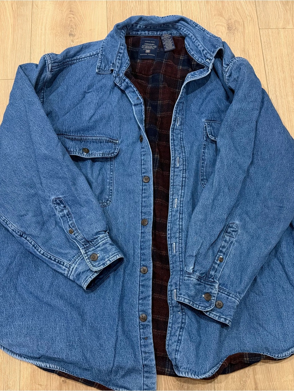 Faded Glory Blue Denim Shirt Jacket with Plaid Lining